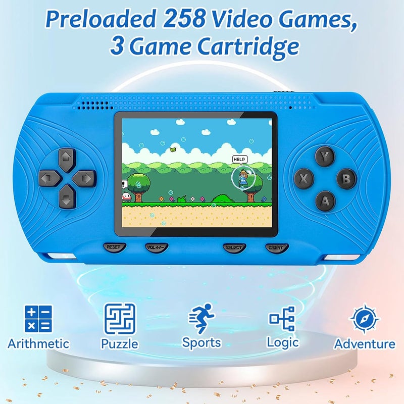 GAMPLAE Handheld Game for Kids - Preloaded 258 Retro Video Games & 3 Cartridges, 3.0" HD LCD Screen, Portable Gaming Player with Rechargeable Battery, Birthday Xmas Gift for Boys Girls 4-12, Blue - Image 2
